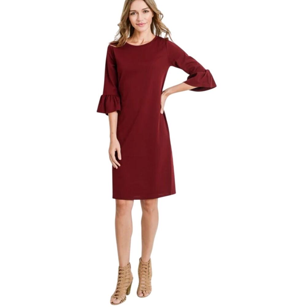 Talbots Bell Sleeve Shift Dress Burgundy